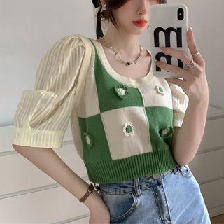 Flower Detail Checkered Sweater Vest