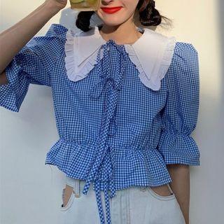 Puff-sleeve Frill Trim Tie Neck Plaid Blouse