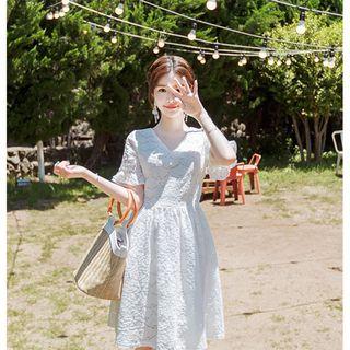 Lace-up Back Short-sleeve A-line Lace Dress