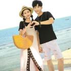 Couple Matching Grommet Short-sleeve T-shirt / T-shirt With Spaghetti Strap Midi A-line Dress