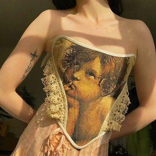 Strapless Print Lace Trim Corset Top