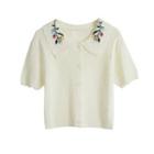 Embroidered Collar Short Sleeve Knit Top