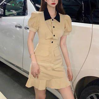 Puff-sleeve Collar Ruffle Hem Mini Sheath Dress
