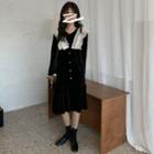 Long-sleeve Button Midi A-line Velvet Dress Black - One Size