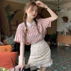 Short-sleeve Gingham Blouse / Shirred A-line Skirt / Set
