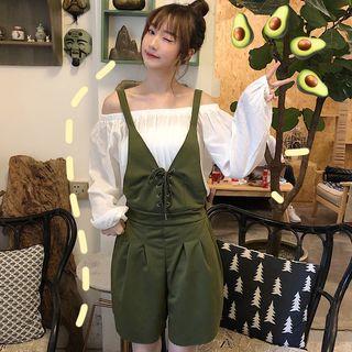 Long-sleeve Off-shoulder Top / Lace-up Jumper Shorts