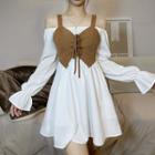 Set: Long-sleeve Off-shoulder Mini A-line Dress + Camisole Top