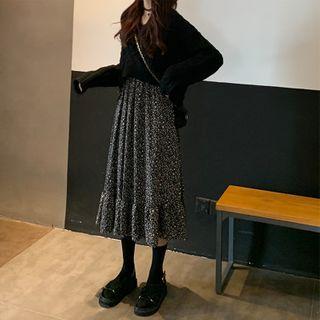 Long-sleeve Floral Midi A-line Dress / Cardigan / Set