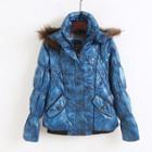 Furry-hodded Cropped Padded Jacket Blue - M