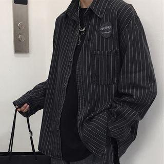 Long-sleeve Striped Denim Shirt Stripe - Black - One Size