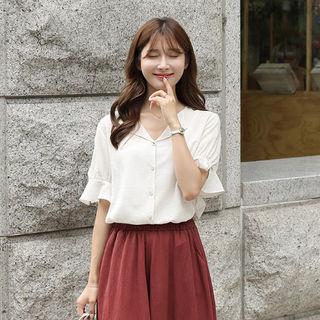 Notched-lapel Bell-sleeve Linen Blend Blouse