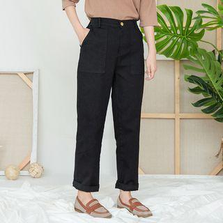 Plain Elastic-waist Straight Cut Pants