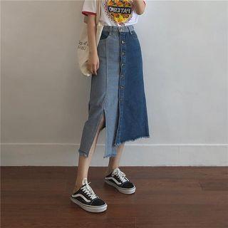 Two-tone Asymmetrical Denim Midi A-line Skirt