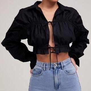 Drawstring Open-front Crop Shirt