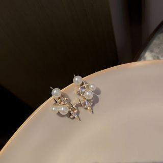 Star Faux Pearl Rhinestone Earring 1 Pair - Silver Pin - Gold - One Size