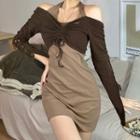 Set: Halter-neck Mini Sheath Dress + Long-sleeve Off-shoulder Drawstring Crop Top Brown - One Size