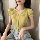 Short-sleeve Notched Neck Crop Knit Top