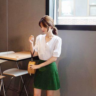 V-neck Puff-sleeve Linen Blend Blouse