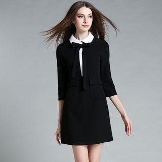 3/4-sleeve Bow Neck A-line Dress