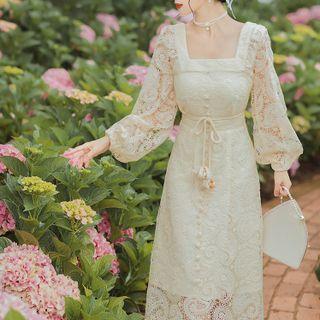 Long-sleeve Square Neck Lace A-line Midi Dress
