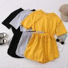 Set: Drawstring-waist Crop T-shirt + High-waist Shorts