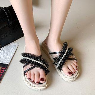 Platform Faux Pearl Frill Trim Pvc Strap Sandals