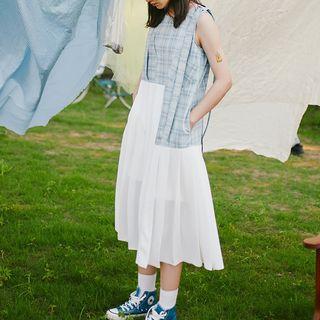 Sleeveless Plaid Panel Midi A-line Dress