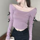 Bow Cutout Long-sleeve Cropped T-shirt Purple - One Size