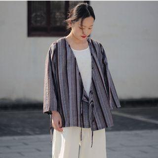 Striped Front-tie Jacket As Shown In Figure - One Size