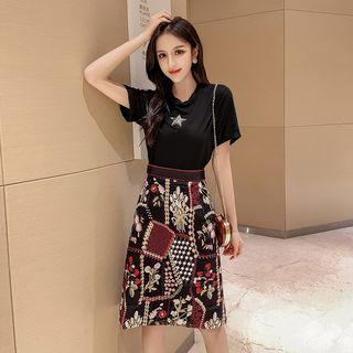 Set: Short-sleeve Rhinestone Star T-shirt + A-line Embroidered Skirt