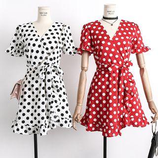 Ruffled-trim Short-sleeved Dotted Dress With Sash