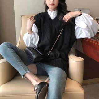 Plain Long-sleeve Loose-fit Shirt / Plain V-neck Knit Vest