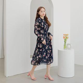 Crystal-pleat Floral Long Dress