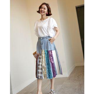 Sequined Denim A-line Midi Skirt