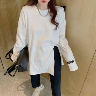 Long-sleeve Lettering Print Slit-hem T-shirt White - One Size