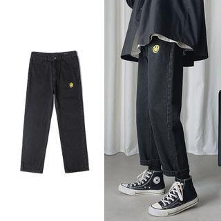 Smiley Face Embroidered Straight-cut Jeans
