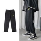 Smiley Face Embroidered Straight-cut Jeans