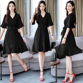 Elbow-sleeve Wrap A-line Dress With Sash