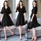 Elbow-sleeve Wrap A-line Dress With Sash