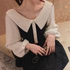 Puff-sleeve Collared A-line Knit Dress