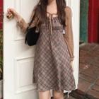 Spaghetti Strap Plaid Mini A-line Dress / Tie-strap Shrug