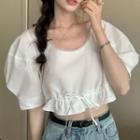 Puff-sleeve Drawstring Cropped Blouse White - One Size