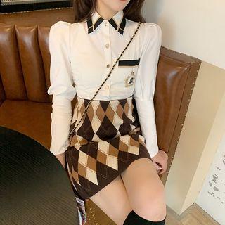 Puff-sleeve Shirt / Patterned A-line Knit Skirt