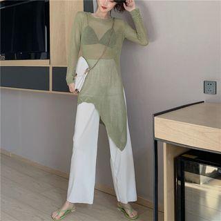 Open-knit Sheer Long Knit Top / Straight-leg Pants