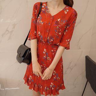 V-neck Tie-waist Frill-hem Floral Dress