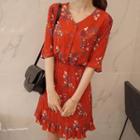 V-neck Tie-waist Frill-hem Floral Dress