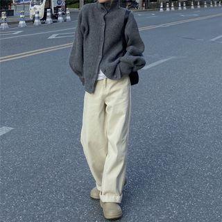 Turtleneck Long-sleeve Plain Knit Gray - One Size