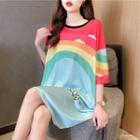 Printed Elbow-sleeve T-shirt Red & Green & Blue - One Size