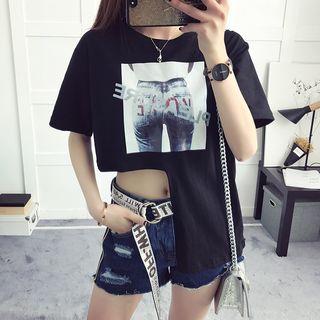 Printed Asymmetric Hem Short Sleeve T-shirt