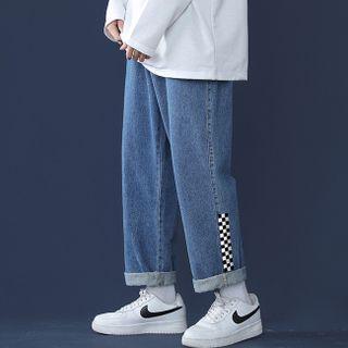 Checkered Trim Wide Leg Jeans